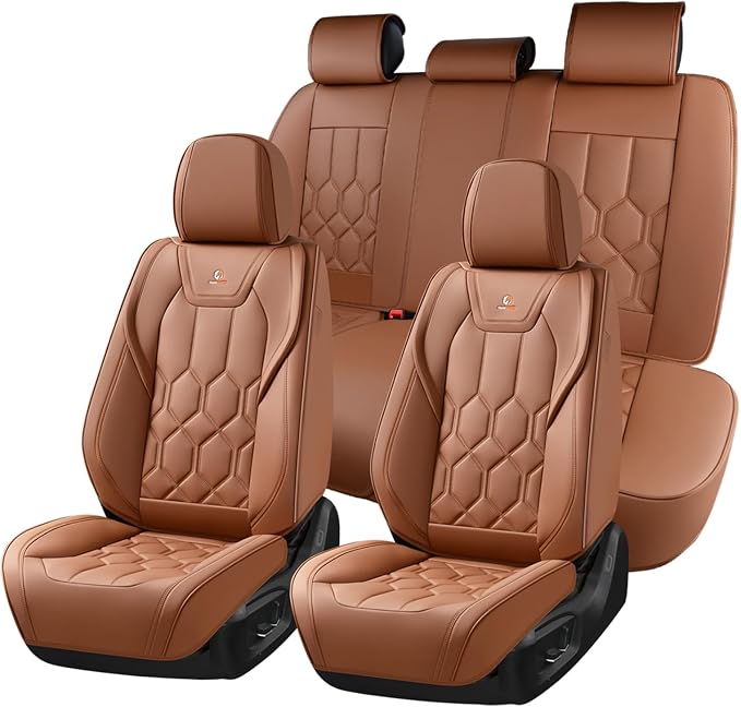 Huidasource Seat Covers Full Set, Universal Fit for Cars SUVs Trucks, Brown | Full Coverage Leather Car Seat Cover, Airbag, Cupholder Compatible, Seat Function Retain, Velcro Adjustable