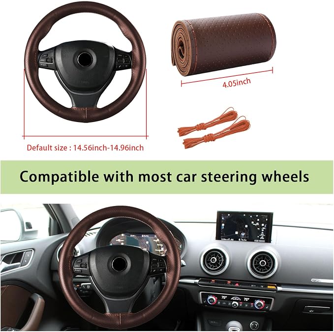 Kewucn Genuine Leather Steering Wheel Cover, 15" Universal Car Steering Wheel Protector with Needle Thread, Breathable Anti-Slip Steering Wheel Cover DIY Stitch on Wrap (Coffee, Full Hole)