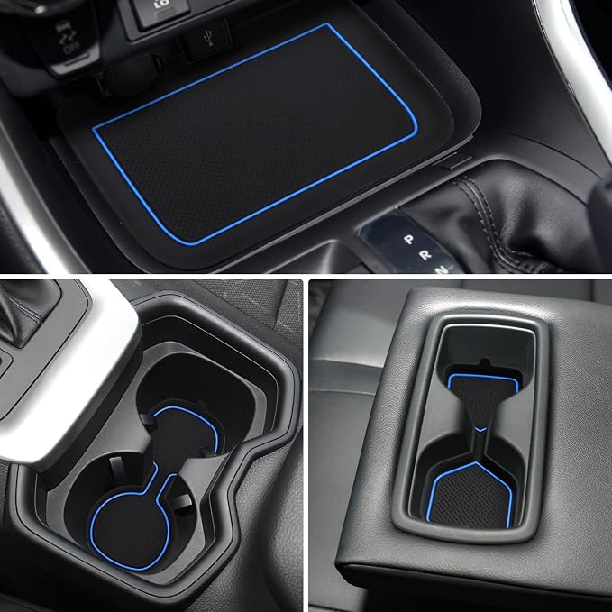 Auovo 3D Cup Holder Insert Liners Compatible with Toyota RAV4 Accessories 2025 2024 2023 2022 2021 2020 2019 Car Custom Cup Holder Mats Pads 3-pc Set (Blue Trim)