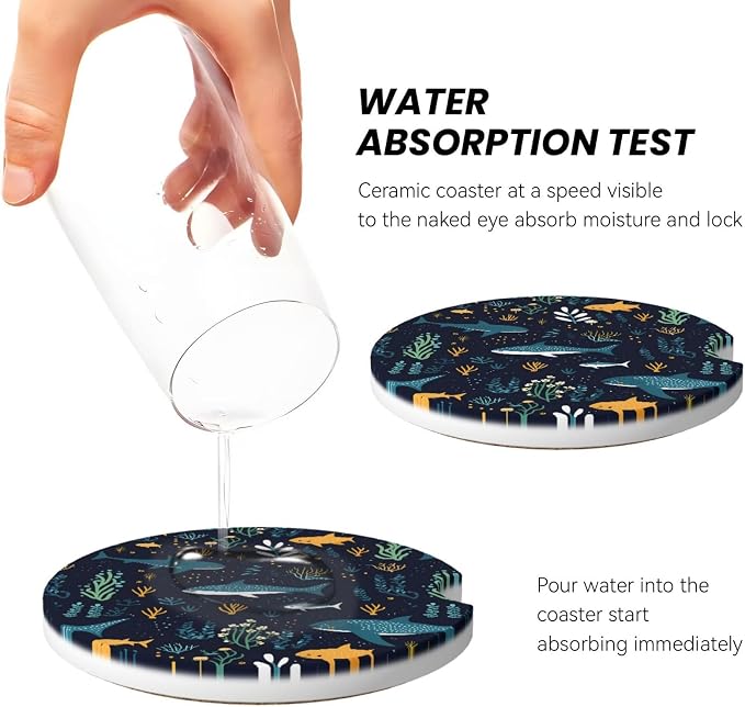 Whale Shark Underwater Sea Life Absorbent Ceramic Car Coasters 2 Pack Round Insert Cupholder Coaster Car Cup Holder Mat with Finger Notch Anti-Slip Cork Base Reusable Drink Coasters 2.56 in