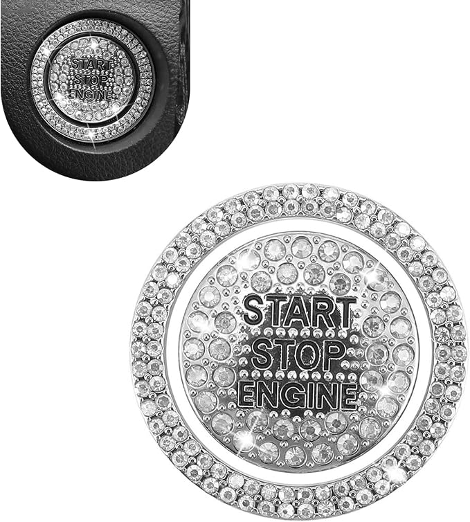 Crystal Rhinestone Car Engine Stop Decoration Ring Sticker, Sparkling Rhinestone Push Start Button Decorative Cover, Bling Interior Accessories for Women, Universal for Most Car (White)