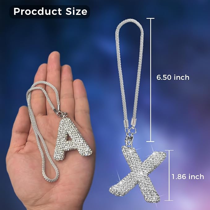 Bling Car Accessories for Women Letter Charm, Rear View Mirror Ornament Cute Hanging Crystal Pendant Girl Car Decorations, Lucky Diamond Rhinestone Girly Charm Interior (White X)