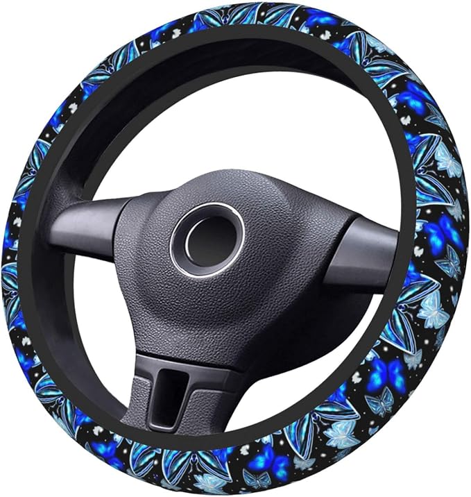 Sparkle Blue Butterfly Steering Wheel Cover for Women Men Girls Car Accessories Decor Anti-Slip Neoprene Auto Steering Wheel Covers Protector Universal 15 Inch