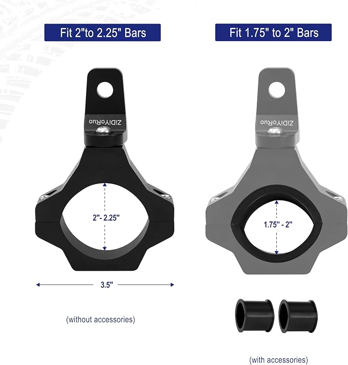 ZIDIYORUO Light Bar Mount for 1.75-2.25in Tubes/Big Barts, 6061 alu, 2-Pack | Fits 1.75-2.25in tubes on Jeep JL/JT, Raptor, Tacoma, RZR XP, Defender. 20 lock positions, precise 360 aiming. 6061 aluminum