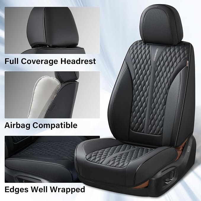 Coverado Front Seat Covers, Waterproof Seat Covers, 2 Pack Nappa Leather Car Seat Covers, Black Seat Covers for Cars, Automotive Seat Covers Universal Car Seat Protector Fit for Most Cars Trucks