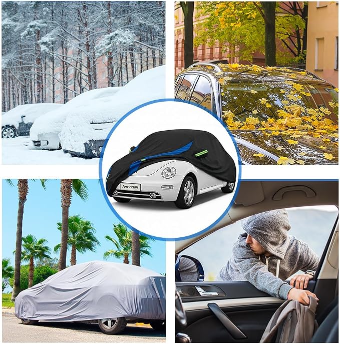 Avecrew Car Cover Custom Fit for VW Beetle, Waterproof All Weather Full Exterior Cover Rain Snow Protection Cover with Side Door Zipper Design