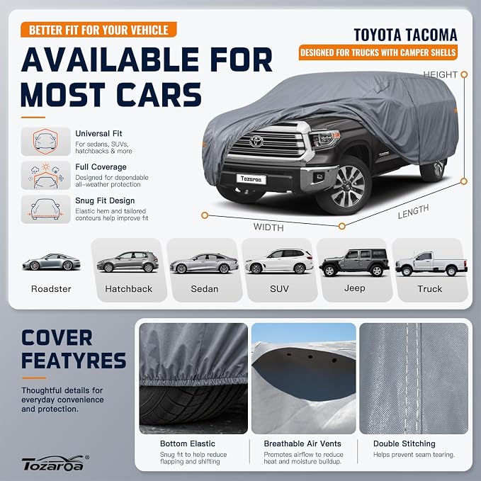 Truck Cover Waterproof All-Weather,Outdoor Full Exterior Pickup Covers Snow Cover for Truck Cover with Camper Shell Topper 211-228 inch,with Windshield Sun Shade,Size T3+ (See SizeChart)