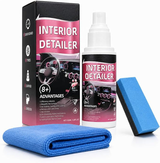 Car Interior Cleaner Spray Kit, Dashboard & Trim Detailer for Plastic, Vinyl, Rubber, Door Panels, Consoles & Finished Leather, Non-Greasy Auto Interior Cleaner with Towel & Sponge