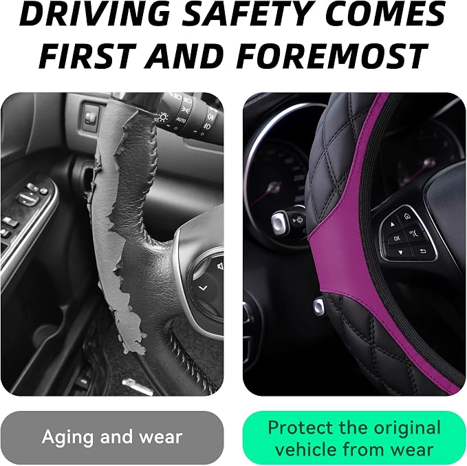 15 Inch Car Leather Steering Wheel Cover, Automotive Accessories Elastic Breathable Anti-Slip Soft Wheel Protector Fits Men and Women, Suitable for SUVs, Trucks, Vehicles and RVs (Purple)