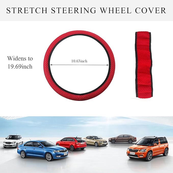 Yourkar Elastic Steering Wheel Cover, 15"×15" Comfy Breathable Stretch Steering Wheel Protector, Ice-Silk Cloth Polyester Steering Wheel Cover for Men Women, Car Accessories (Red)