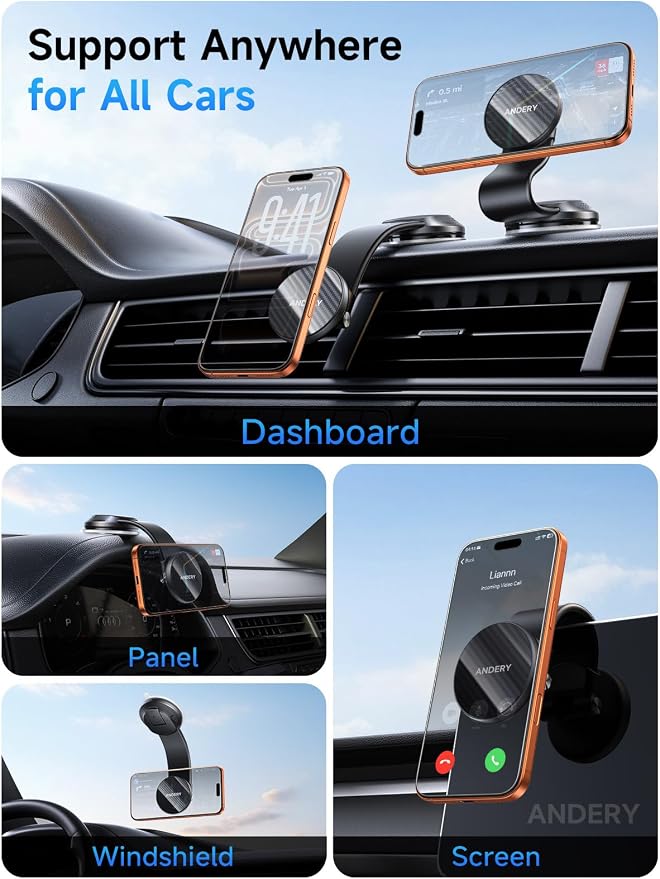 ANDERY Only for iPhone Magsafe Car Mount [360° Adjustable Memory Alloy Arm | 2400gf Strong Magnetic Power] Bendable Phone Holders for Your Car, Car Phone Holder with Dashboard Pad, for iPhone 17-12