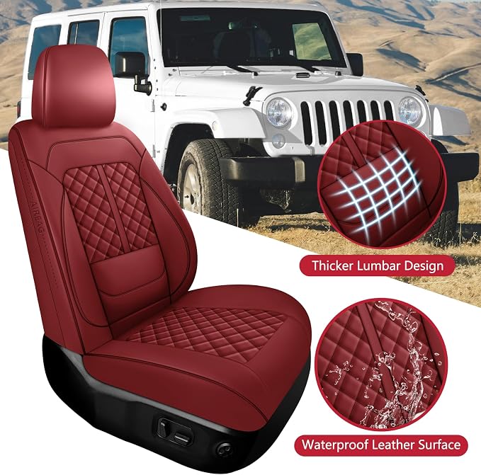 Wrangler Seat Covers 2007-2026,Custom Fit for Jeep Wrangler JK JL 4 Door Unlimited Sahara/Sport/Rubicon X 392 Willys,Waterproof Faux Leather and Lumbar Support (Wine Red, Front Pair-2 seats(18-26))
