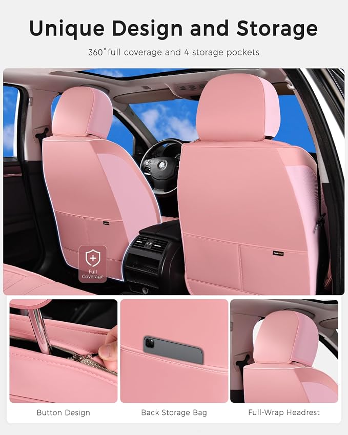 Huidasource Pink Front Seat Covers, Nappa Leather Front Car Seat Covers, Side Elastic Fabric, Compatible with Airbags, Seat Belts, Universal Fit for Most Cars, Vans, Trucks, SUV (Front Pair/Pink)