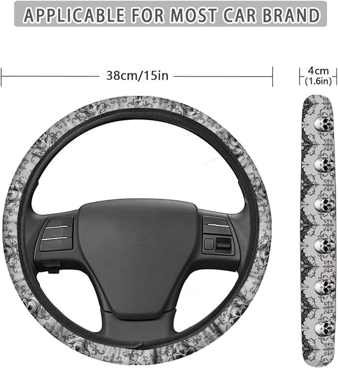 AFPANQZ Steering Wheel Protection for Most Cars Interior Accessories | Skull Bat Grey Automotive Steering Wheel Cushion, Halloween Decor, Anti-slip Universal 14-15 inch, Easy Install