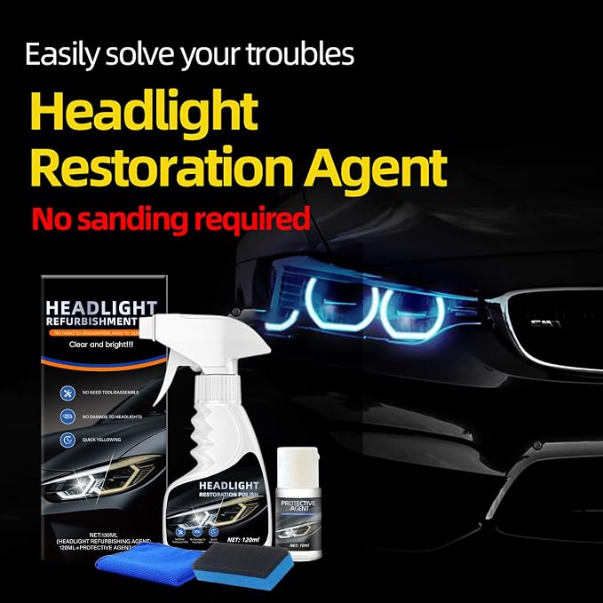 10X Brighter Headlight Restoration Kit - Pro Grade Headlight Cleaner & Sealant, Fixes Yellowed Cloudy Lenses to Crystal Clear in 5 Mins, Car Accessories Car Cleaning Supplies for Night Driving Safety