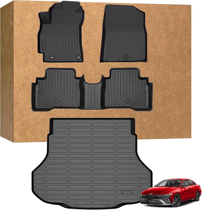 Floor Mats & Cargo Mats Set for Hyundai Elantra Hybrid 2021-2025 2026 | All Weather Floor Liners Anti-Slip Full Set Floor Liners Custom Automotive Floor Mats TPE with Front & 2nd Row & Trunk mat