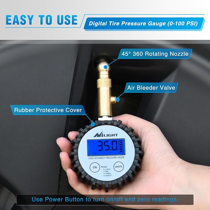 Nilight Digital Tire Pressure Gauge 100PSI Heavy Duty Stainless Steel Air Chucks ANSI 2A Certified Large Dial Wheel Service Checker for Truck Semi Truck ATV Motorhome Cars & RV Accessories