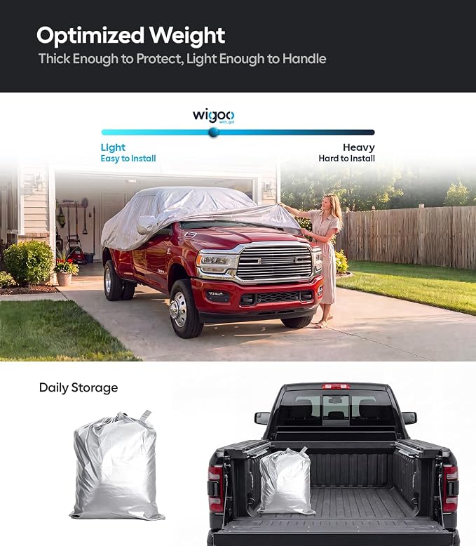 Wigoo Dodge Ram 2500 3500 Truck Car Cover Accessories, Custom Fit Waterproof All Weather Outdoor Pickup Cover, Windproof UV Rain Snow Dust Protection, Door Zipper, Reflective Strips, Breathable Design