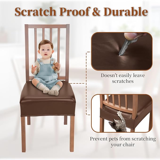 Waterproof Dining Chair Seat Covers Leather Kitchen Seat Covers, Stain Resistant Stretch Chair Seat Covers for Dining Room Chairs Set of 6, Rear Covered Washable Dining Chair Covers Coffee