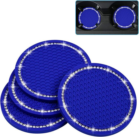 Bling Car Coasters, Wisdompro 4 Pack PVC Car Cup Holder Insert Coaster - Anti Slip Universal Vehicle Interior Accessories Crystal Glitter Cup Mats for Women and Men (2.75" Diameter, Blue)