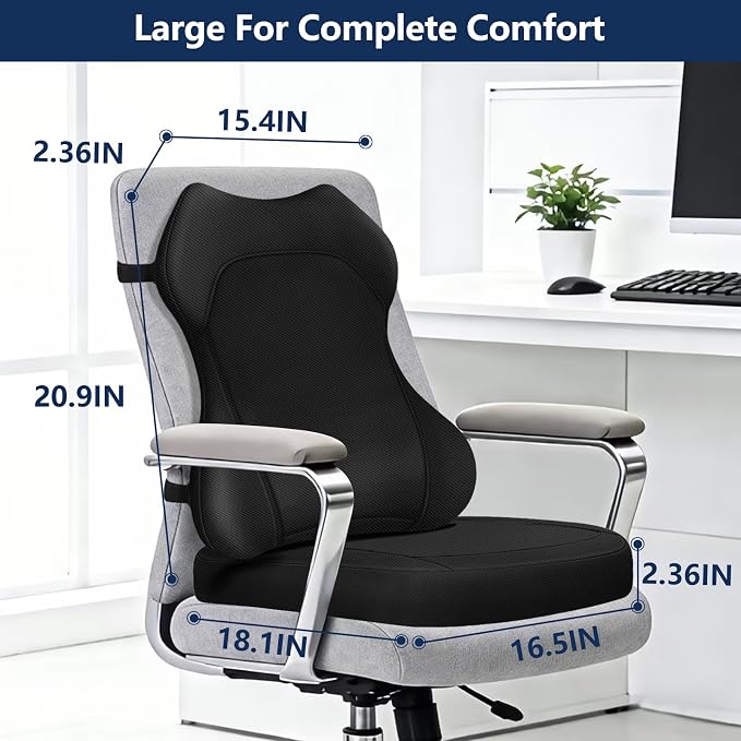 Seat Cushion,Lumbar Support Pillow for Office Chair,Ergonomic Memory Foam Back Support Pillow, High Density Foam Chair Cushion for Sciatica Pain Relief Coccyx Pad for Chair,Car,Desk,Black