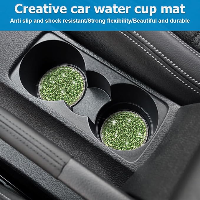 Bling Car Cup Holder Coaster, 2PCS 2.75 Inch Crystal Rhinestone Anti Slip Vehicle Drink Cup Mat for Women Girls, Auto Interior Embedded in Ornaments. Universal for SUV RV Truck (Green)