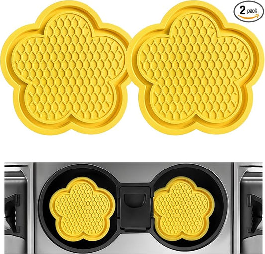 DXNQ 2 PCS Car Cup Coasters, Cute Flower Shaped Car Cup Holder Mat, PVC Waterproof Anti Slip Vehicle Cup Holder Insert Coaster, Universal Car Interior Decor Accessories (Yellow)
