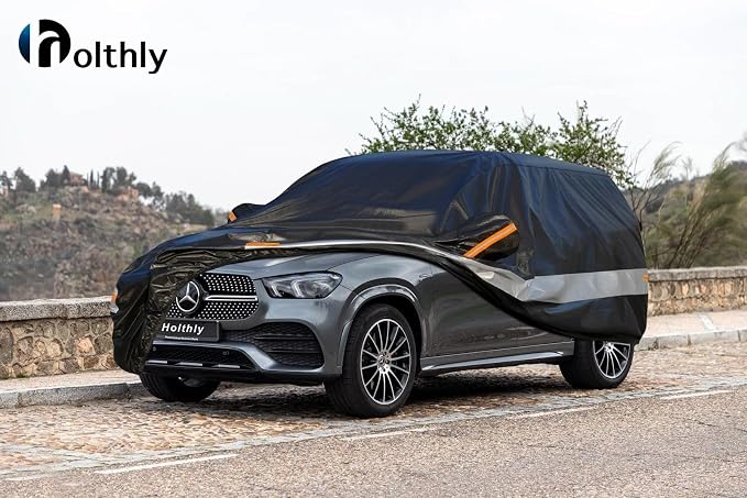 Holhtly SUV Car Cover Custom Fit for Mercedes Benz GLE350 GLE400 GLE450 GLE43 GLE53 GLE63, Outdoor Car Covers for Automobiles All Weather Waterproof Sun Snow Rain Wind Dust Protection, Black & Grey