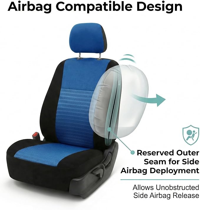 FH Group Universal Car Seat Covers Front Set for SUV Truck Sedan Vans | 3D Textured Breathable Fabric Seat Cover Set Protector with Airbag Compatible Interior Upgrade - Blue