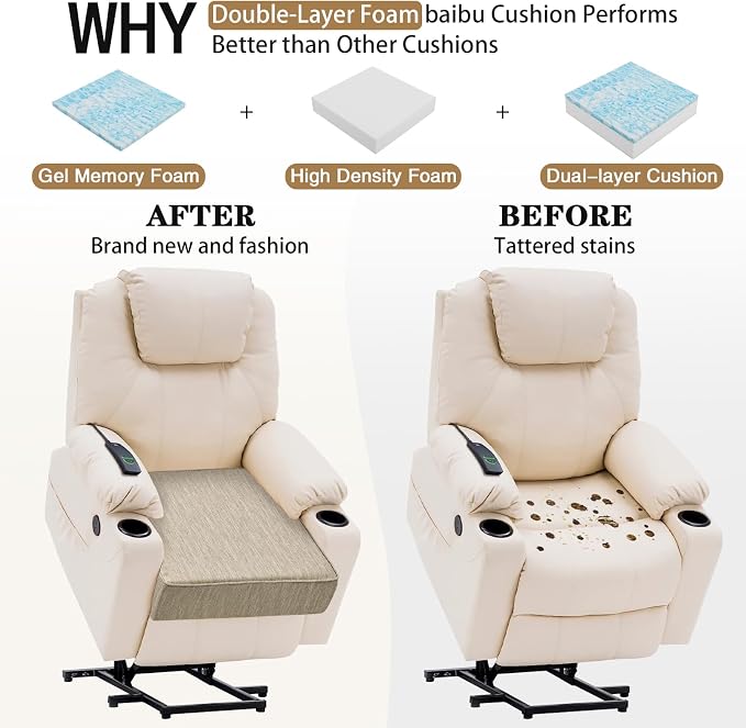 baibu 20x20x5 Inch Square Gel Memory Foam Recliner Cushions for Elderly, Dual-Layer Non-Slip Recliner Seat Cushion Suitable for Couch for Easy to Stand Up & Reduce Hip & Lumbar Pain, Beige
