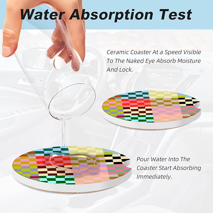 Colorful Checkered Car Coasters for Cup Holders,2 Pack Car Cup Holder Coasters for Car,Ceramic Absorbent Car Coaster with A Finger Notch and Cork Base,Car Interior Accessories for Women Men