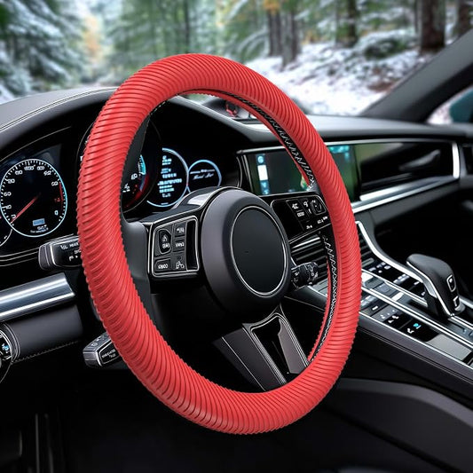 WOCOCN Car Steering Wheel Cover, Thin Anti-Skid Silicone Steering Wheel Cover for Men & Women, Universal Automotive Interior Accessories for Most Cars (Red)