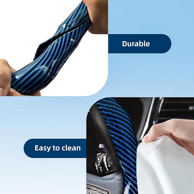 Carbon Fiber Steering Wheel Cover 2PCS Segmented Clip-on Protector (Blue) | Universal Fit, Anti-Slip Lining, Sporty Style, Car Interior Accessory for Men and Women