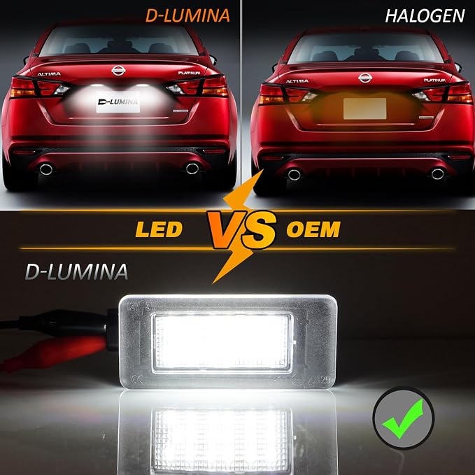 D-Lumina LED License Plate Light Tag Lamp Assembly for 2019-UP Nissan Altima Sentra Rogue Versa, Powered by 18-SMD Xenon White LED Tag Lights, Pack of 2