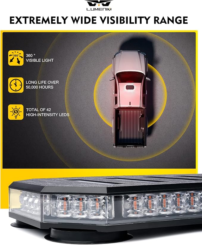 LUMENIX 42 LED Roof Top Strobe Beacon Light Bar, Patent Design, Red White | High Visibility Caution Light Bar with Controller Panel, for Construction Work Trucks Service Vehicles Tow Snow Plow