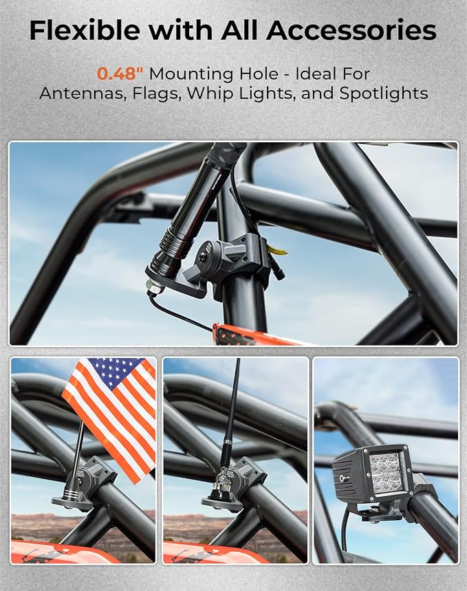 KEMIMOTO Universal 1PCS UTV Whip Mount Flag for 1.75-2 inch Roll Bar Cage | Aluminium,360° Adjustable,No Drlling Required Whip Light Mount Compatible with RZR 900 1000 XP Pro Turbo Maverick