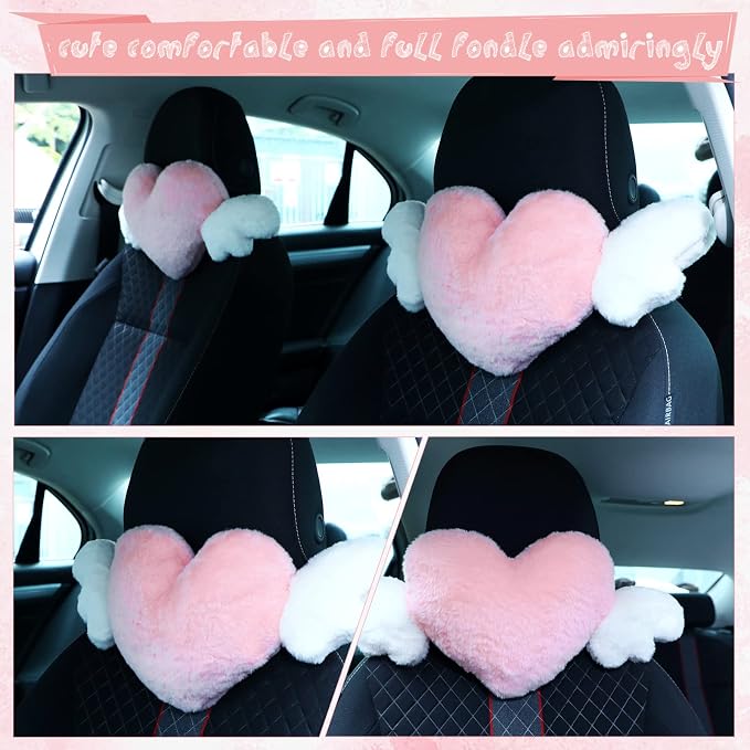 Macarrie 2 Pcs Plush Heart Shaped Pillow with Angel Wings Car Headrest Soft Comfortable Seat Pillow for Driving Travelling Room Office Car Decor, 19.7 x 8.3 Inch(White, Pink)