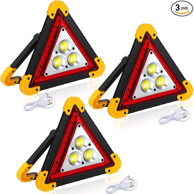 Huquary LED Emergency Warning Triangle, Rechargeable Portable Flashing LED Warning Triangle Light with 4 Modes, Safety Hazard Light for Car Truck RV Vehicle Roadside, Batteries Not Included(3 Pack)