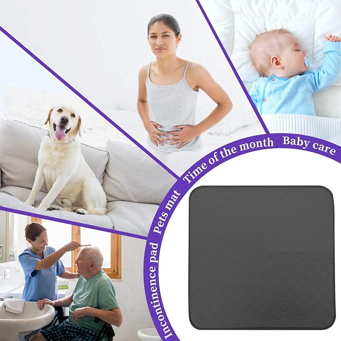 Non-Slip Absorbent Washable Incontinence Pad underpad Seat 4-Layer Design Chair Absorbent Pads Protection - for Seniors, Adult, Children, or Pet Underpad Protection - Set of 2 (Black, 21" L x 22" W)