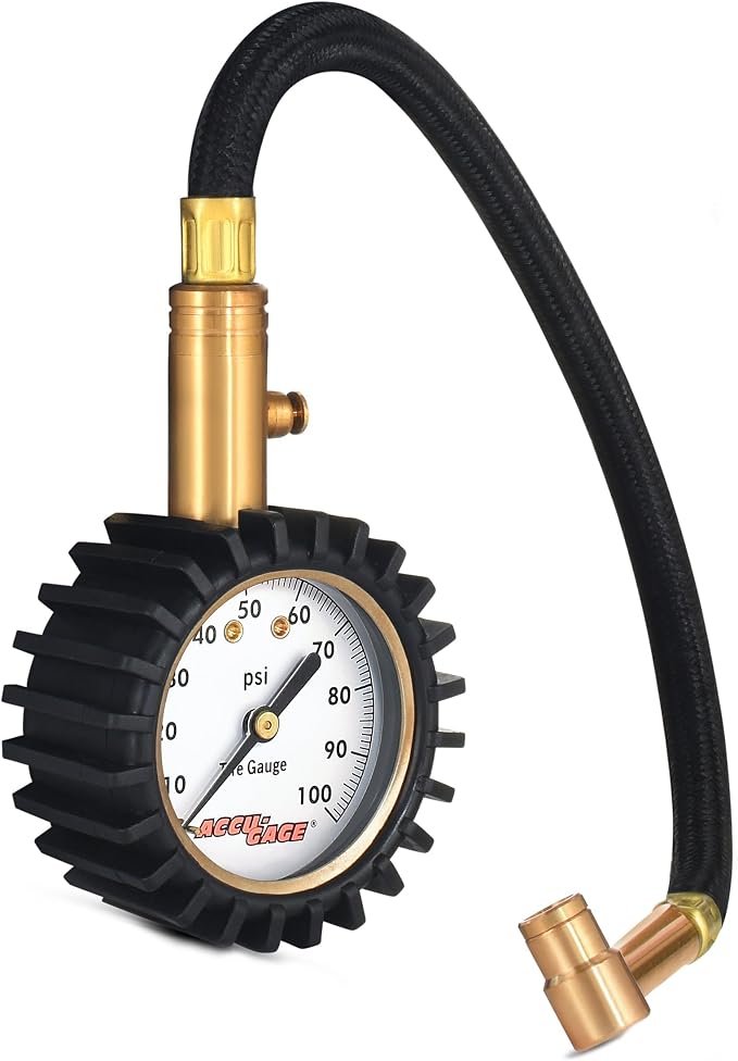 Accu-Gage RRA100X Tire Pressure Gauge with Hose and Protective Rubber Guard, Right Angle Chuck, 100 PSI