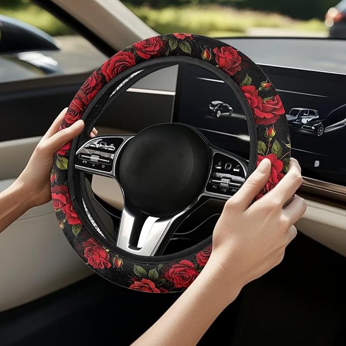 AFPANQZ 14-15 in Car Steering Wheel Cover Stretch-on Comfortable Grip | Universal Fit Most Car Sedans SUVs, Red Rose Print, Breathable Steering Wheel Protector
