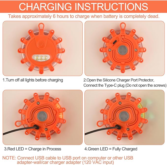 Tobfit 4 Pack Rechargeable LED Road Flares Roadside Emergency Car Kit, Emergency Lights for Vehicles Flashing Flare Beacon Disc with Magnetic Base & Hook, Carrying Bag, Type-C USB Cable Included