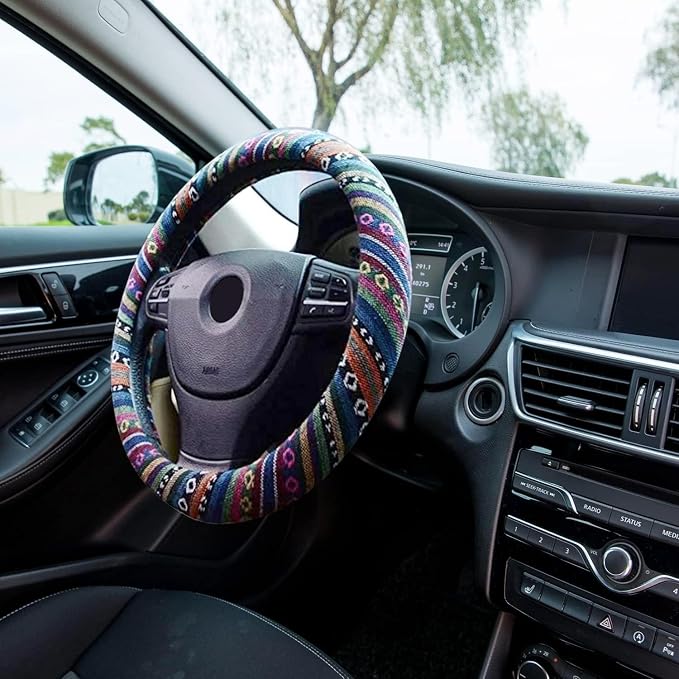 Valleycomfy Boho Steering Wheel Covers for Women Cloth Bohemian Universal | 15 inch Baja Blanket Enthic
