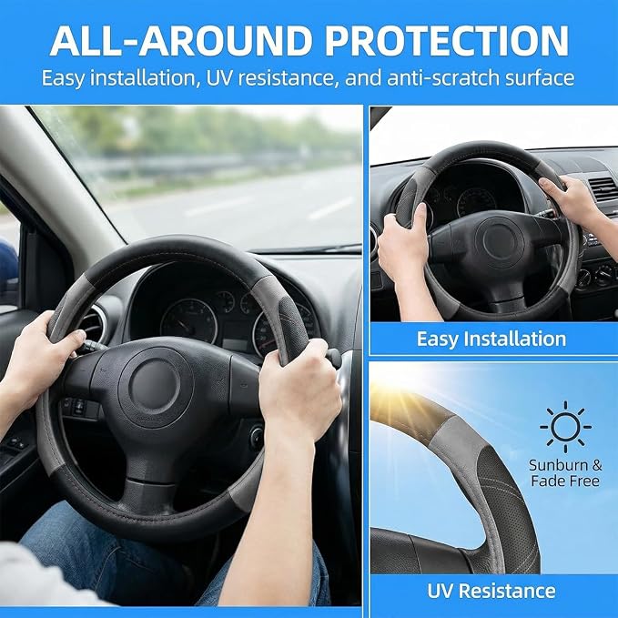 Osilly Car Steering Wheel Cover, 14.5-15" Leather Breathable Anti-Slip Stylish Steering Wheel Protector, Comfortable Auto Interior Decoration Accessories, Universal for SUV Van Truck (Black Gray)
