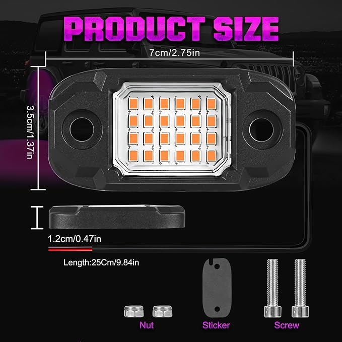4 Pods Purple Rock Lights Underglow Light for Cars Trucks Trail Rig Lamp | 24 LED chips for each light, waterproof bottom chassis lights
