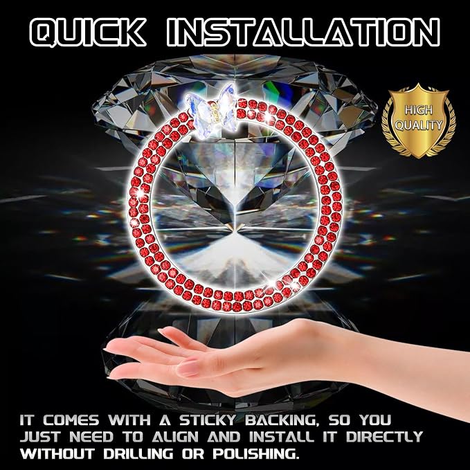 Bling Car Push Start Button Accessories for Women, Sparkling Butterfly Rhinestone Car Engine Push to Start Button Cover Decoration Ring Emblem, Car Interior Decoration Accessories (Red)
