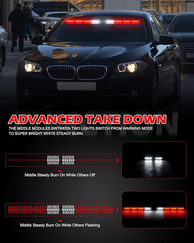 HLauto 604N Emergency Dash Strobe Lights: 2x16.8 inch Red Security Light w/Take Down, 48 LED Safety Flashing Warning Hazard Interior Windshield Light Bar for Trucks Vehicles
