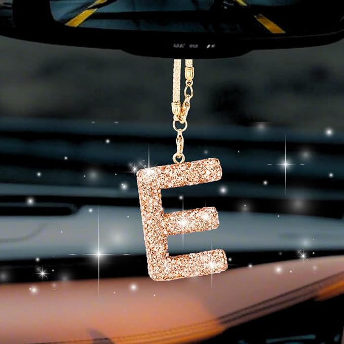 Bling Car Accessories for Women Letter Charm, Rainbow Crystal Rearview Mirror Pendant, Cute Diamond Rhinestone Car Decor, Lucky Gift for Women(E, Champagne Gold)