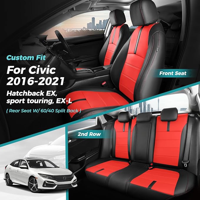 Seat Covers for Honda Civic Hatchback LX, EX, EXL, Sport, Touring, 2016-2021, Faux Leather Car Seats Cover Full Set Seatback Waterproof, Black Red (60/40 Split Seatback)