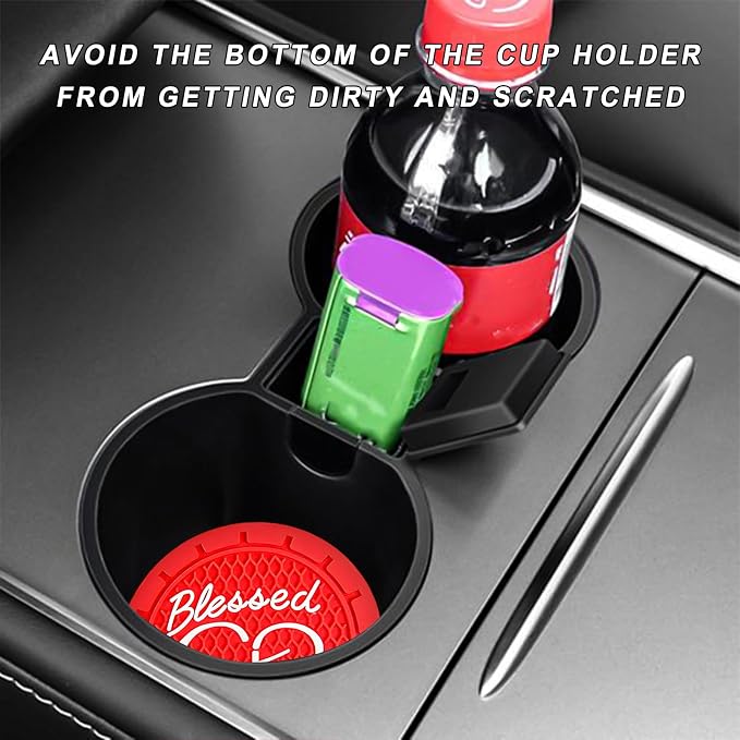 2 PCS Car Cup Holder Coaster, 2.76 Inch Soft PVC Non-Slip Blessed Cross and Heart Christian Car Cup Coasters, Auto Interior Shockproof Insert Drink Mat for Most Vehicles (Red)